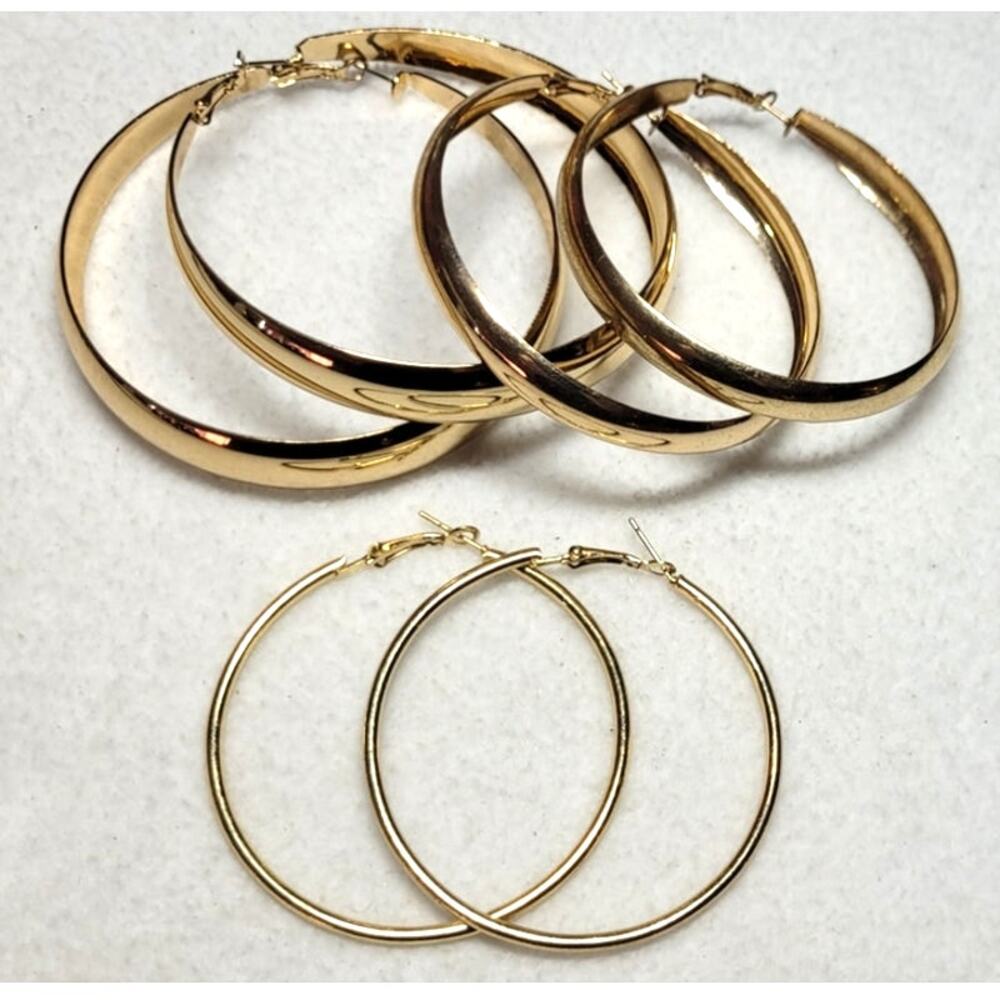 Classic Goldtone Large 2"-3" Round Hoop Pierced Earrings 3 Pairs Statement Retro